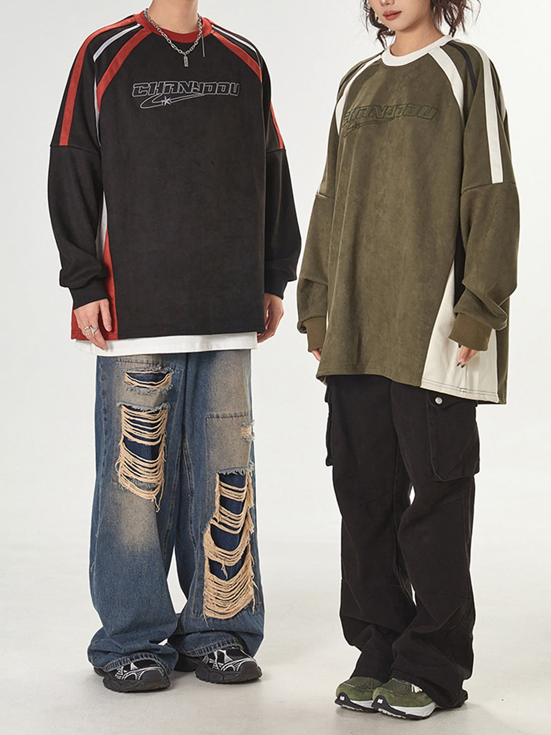 Majesda® - Patchwork Contrasting Two-tone Raglan Embroidered Sweatshirt- Outfit Ideas - Streetwear Fashion - majesda.com