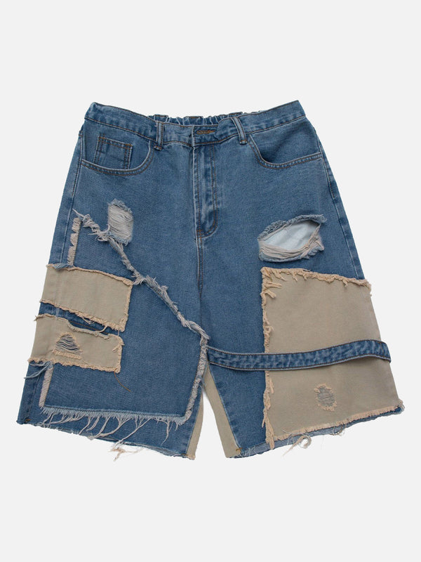 Majesda® - Patchwork Irregular Ripped Hole Denim Short -1249- Outfit Ideas - Streetwear Fashion - majesda.com