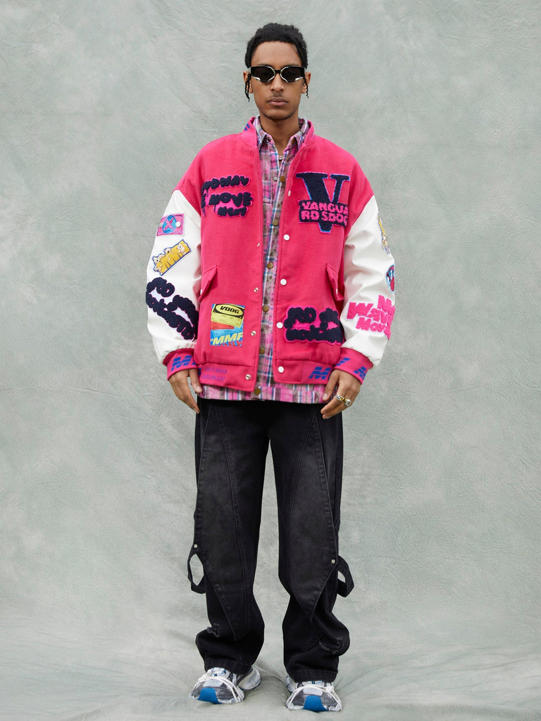 Majesda® - Pink Terry Patch Embroidered Hip Hop Baseball Jersey - 1965- Outfit Ideas - Streetwear Fashion - majesda.com