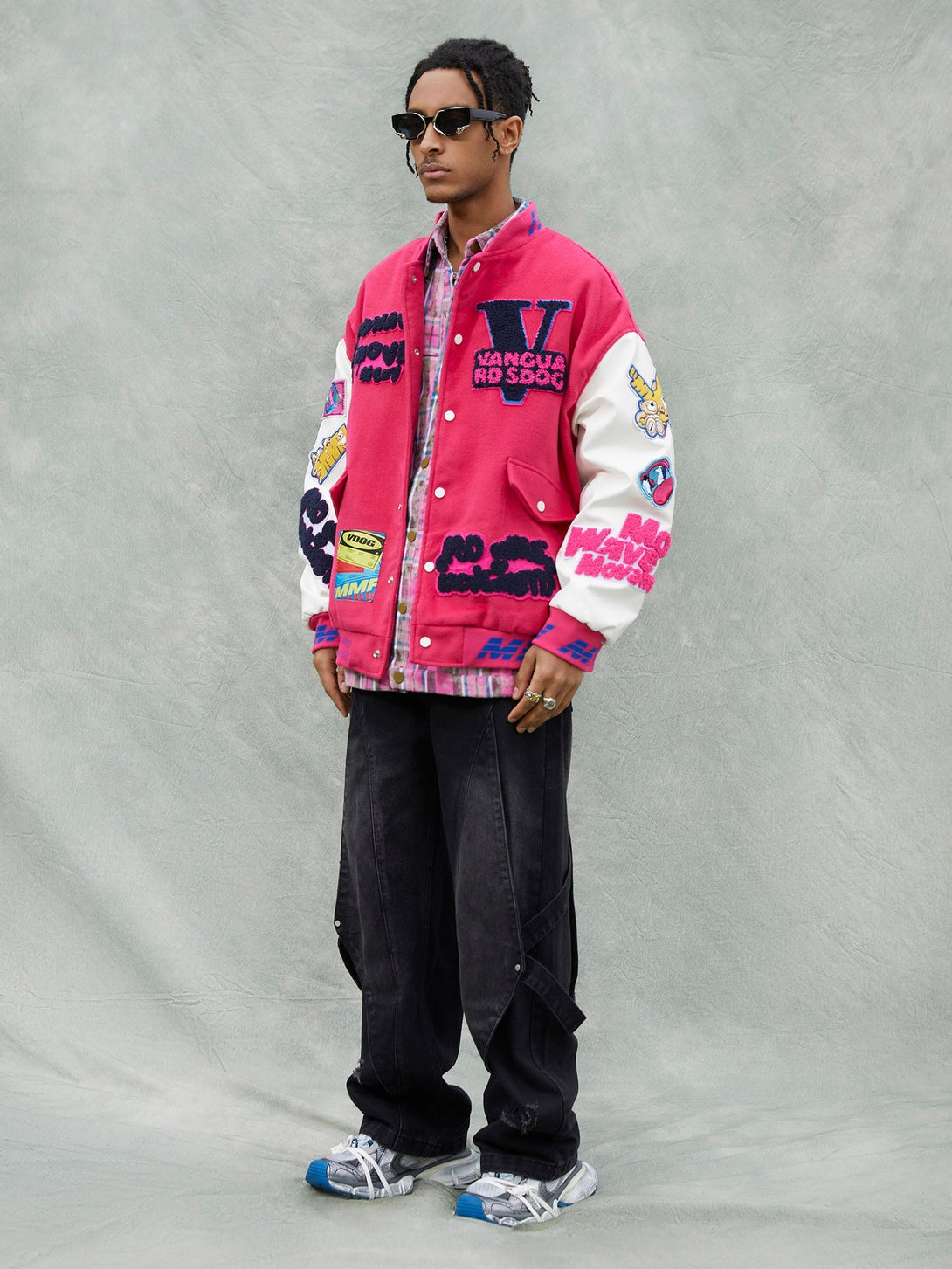 Majesda® - Pink Terry Patch Embroidered Hip Hop Baseball Jersey - 1965- Outfit Ideas - Streetwear Fashion - majesda.com