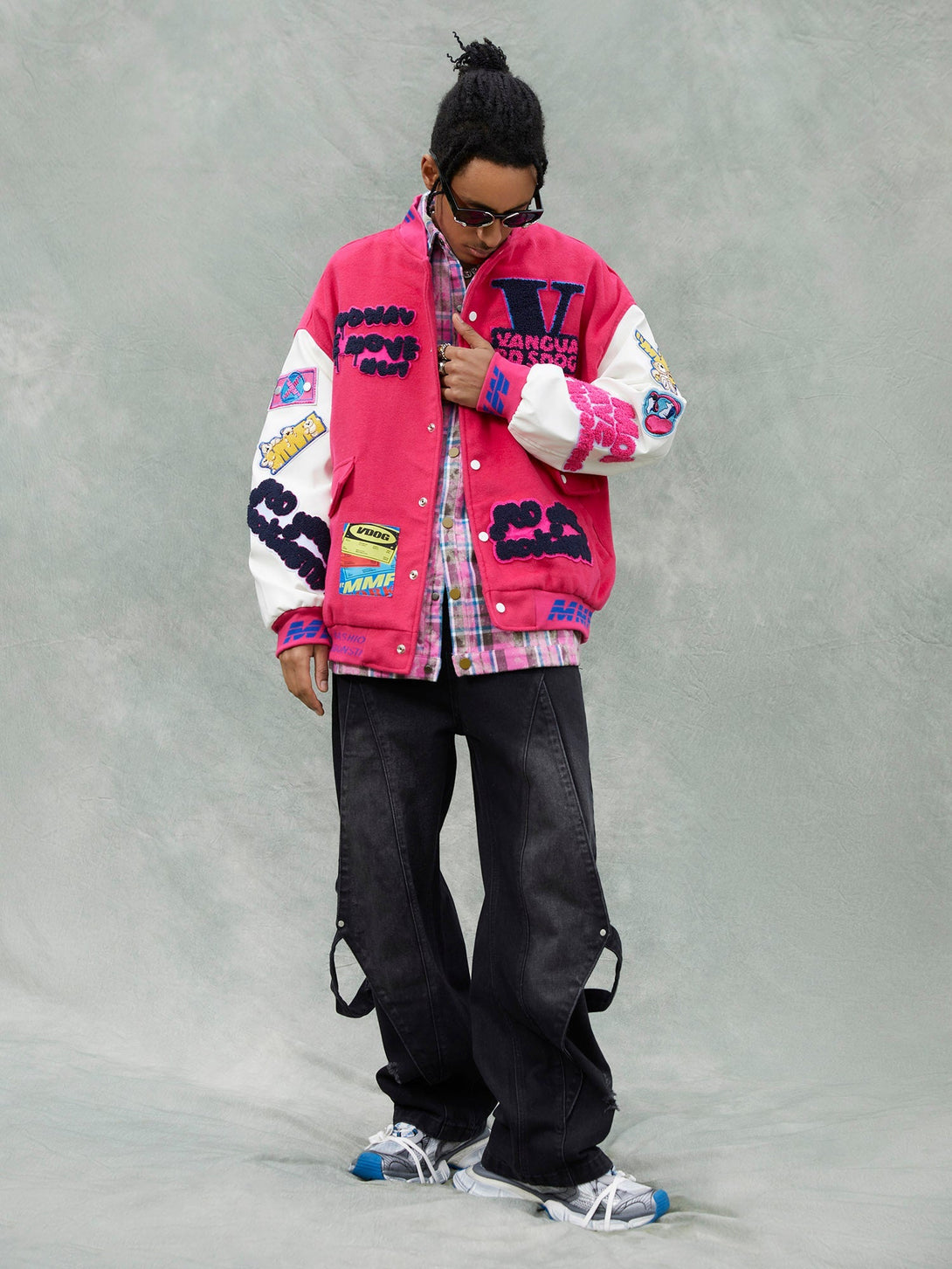 Majesda® - Pink Terry Patch Embroidered Hip Hop Baseball Jersey - 1965- Outfit Ideas - Streetwear Fashion - majesda.com