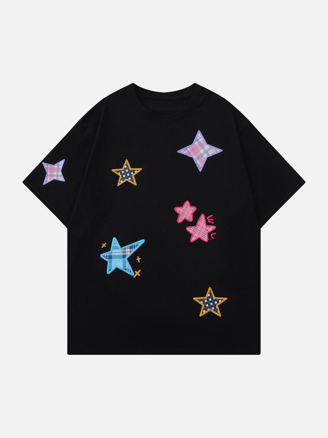 Majesda® - Plaid Applique Star Tee- Outfit Ideas - Streetwear Fashion - majesda.com