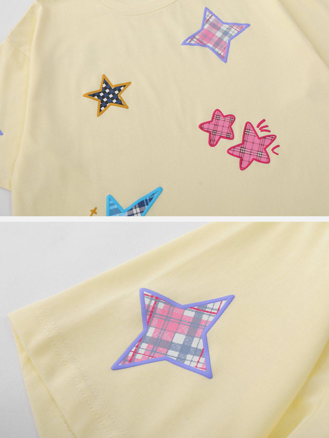 Majesda® - Plaid Applique Star Tee- Outfit Ideas - Streetwear Fashion - majesda.com