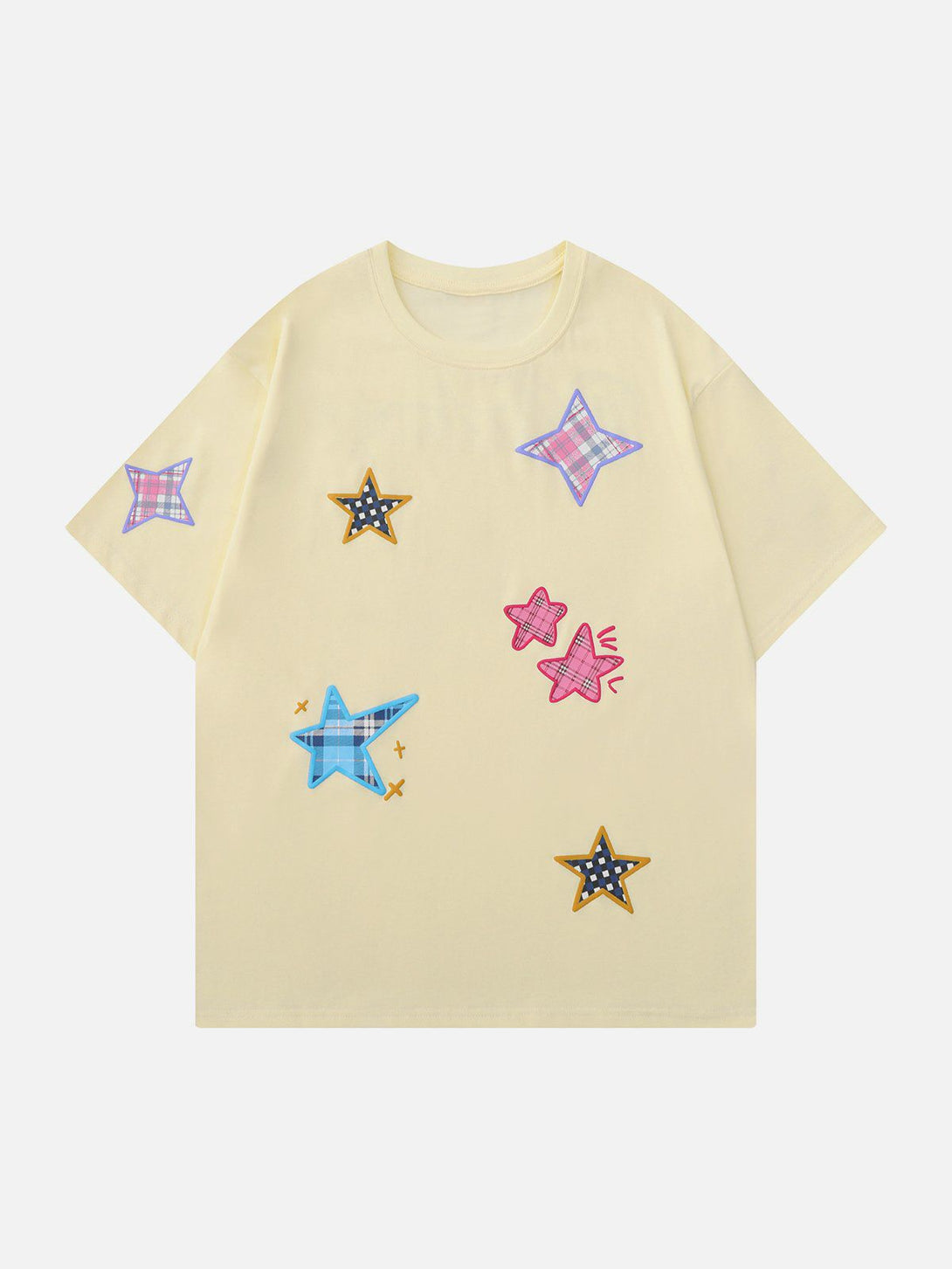 Majesda® - Plaid Applique Star Tee- Outfit Ideas - Streetwear Fashion - majesda.com