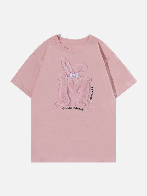 Majesda® - Rabbit Ear Flocking Print Tee- Outfit Ideas - Streetwear Fashion - majesda.com