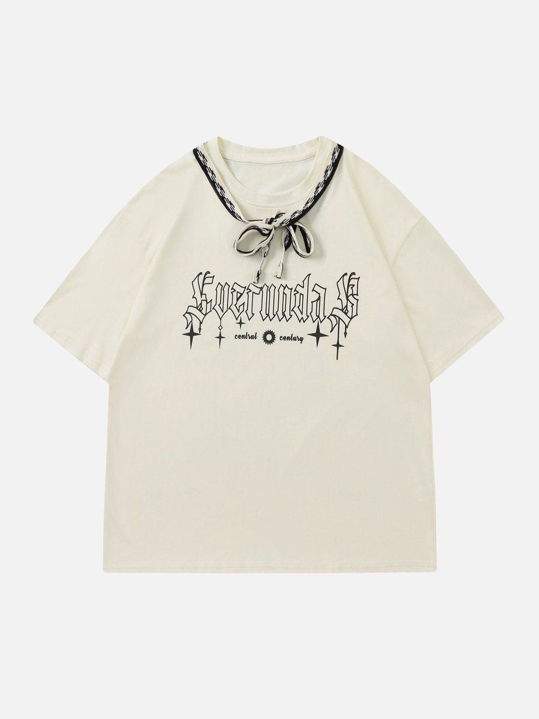 Majesda® - Ribbon Embellishment Star Moon Print Tee- Outfit Ideas - Streetwear Fashion - majesda.com