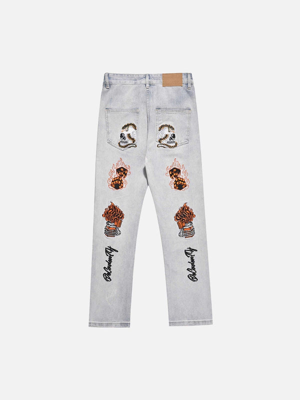 Majesda® - Skull Flame Monogram Embroidered Slim Fit Jeans- Outfit Ideas - Streetwear Fashion - majesda.com