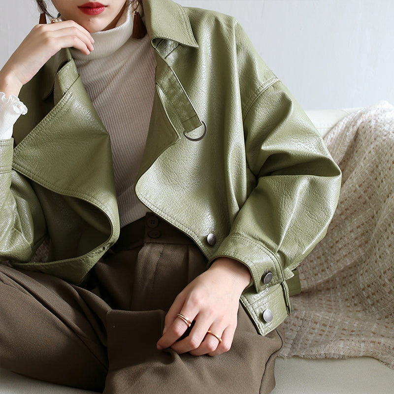 Majesda® - Spring Autumn Green Leather Jacket- Outfit Ideas - Streetwear Fashion - majesda.com