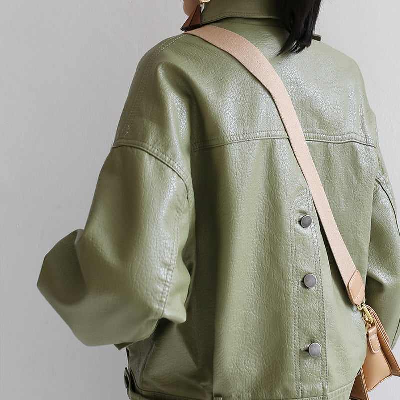 Majesda® - Spring Autumn Green Leather Jacket- Outfit Ideas - Streetwear Fashion - majesda.com