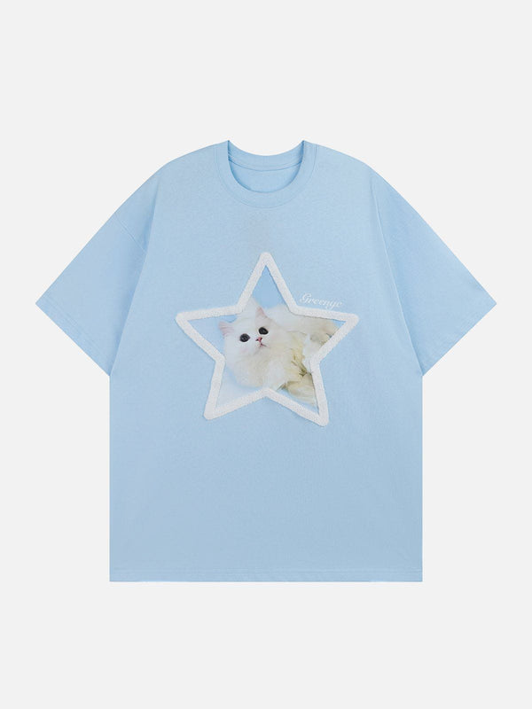 Majesda® - Star Cute Cat Graphic Tee- Outfit Ideas - Streetwear Fashion - majesda.com