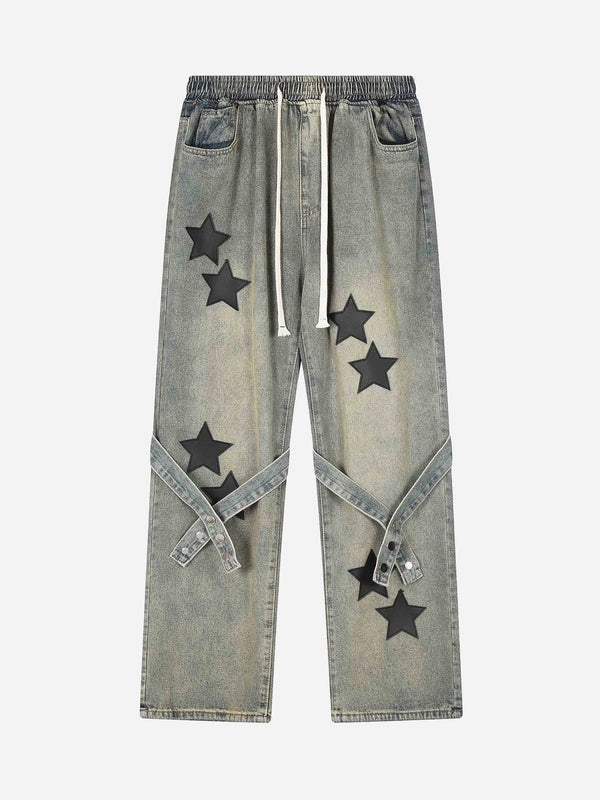 Majesda® - Star Embroidered Flutter Belt Elastic Waist Jeans- Outfit Ideas - Streetwear Fashion - majesda.com