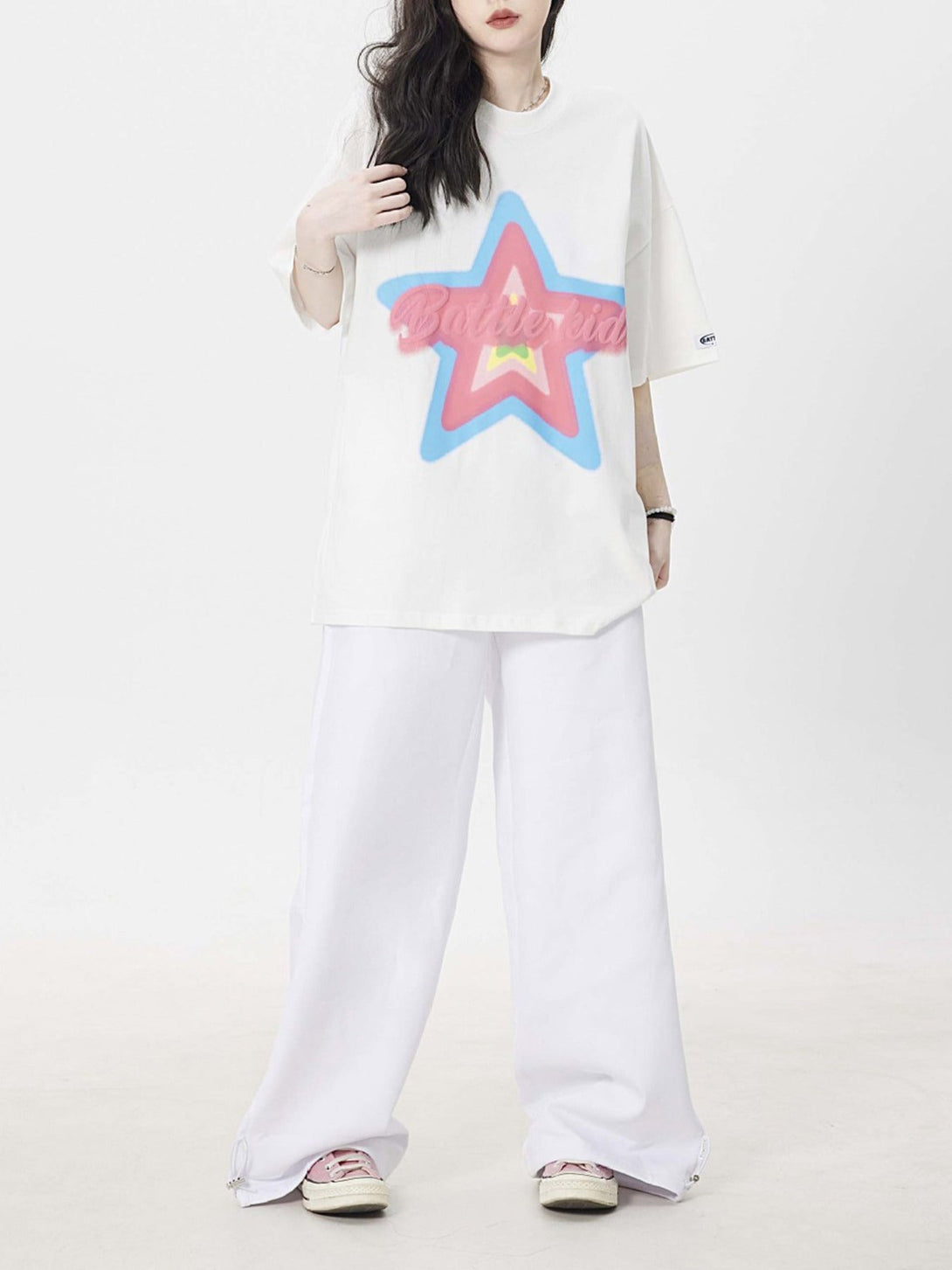 Majesda® - Star Letter Foam Print T-shirt - 1781- Outfit Ideas - Streetwear Fashion - majesda.com