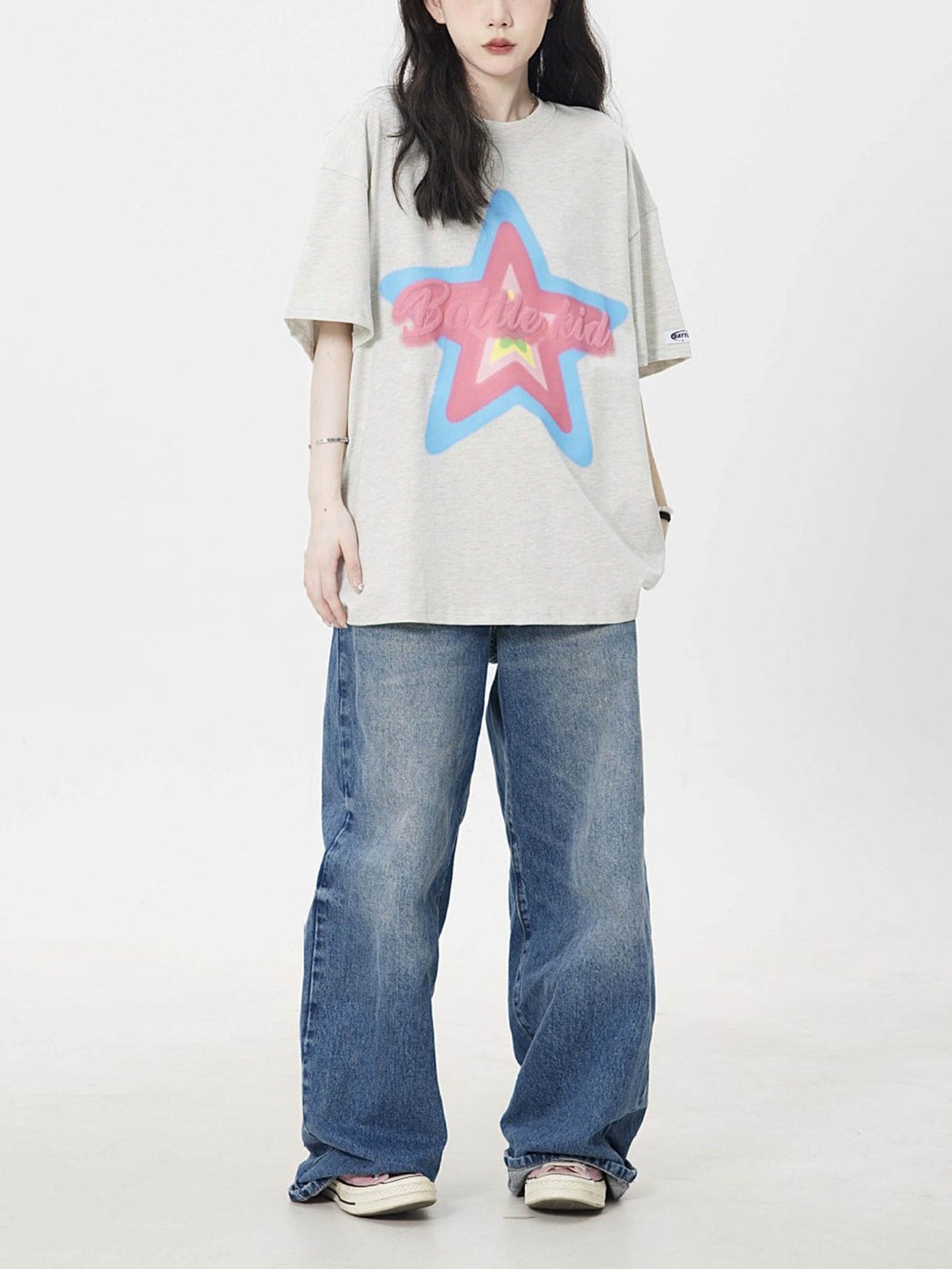 Majesda® - Star Letter Foam Print T-shirt - 1781- Outfit Ideas - Streetwear Fashion - majesda.com