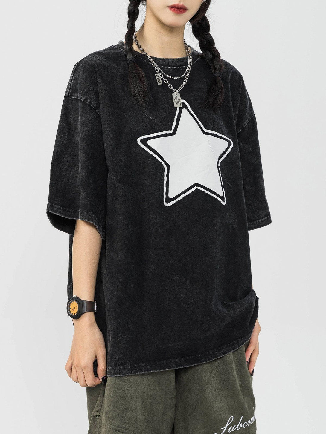 Majesda® - Star Print Washed Tee- Outfit Ideas - Streetwear Fashion - majesda.com