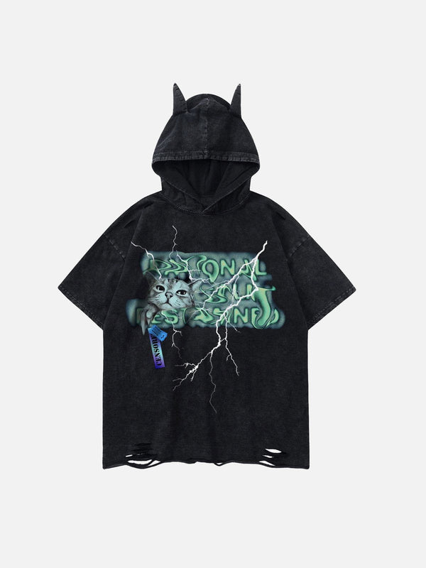 Majesda® - Twisted Alphabet Cat Print Hooded Tee- Outfit Ideas - Streetwear Fashion - majesda.com