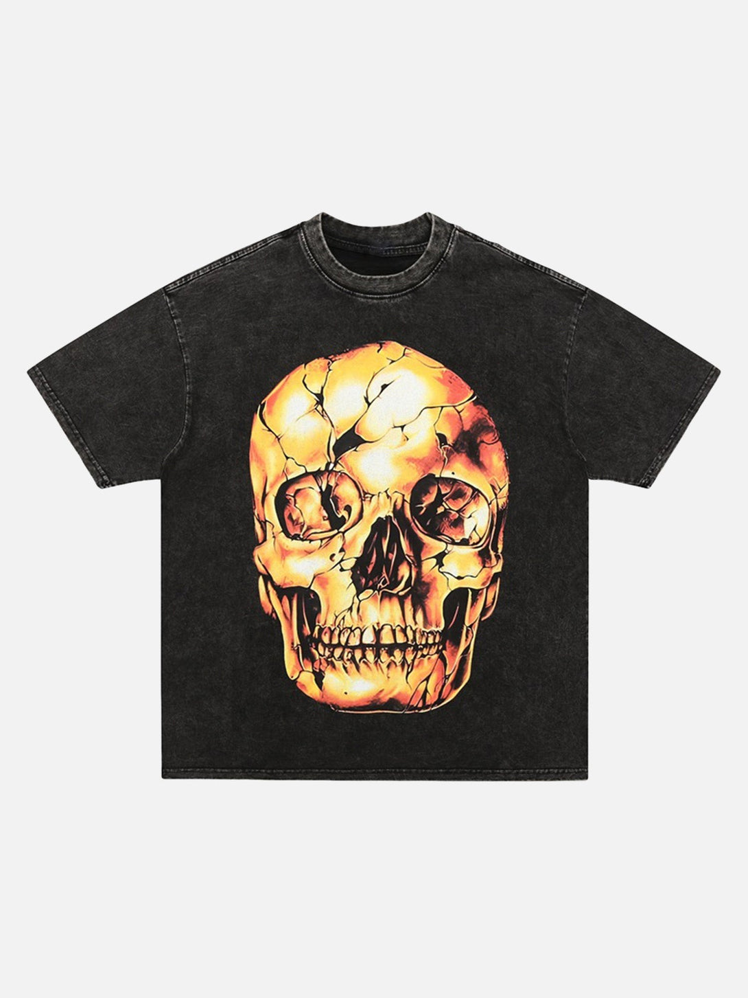 Majesda® - Washed And Distressed Retro Dark Gold Skull T-shirt- Outfit Ideas - Streetwear Fashion - majesda.com