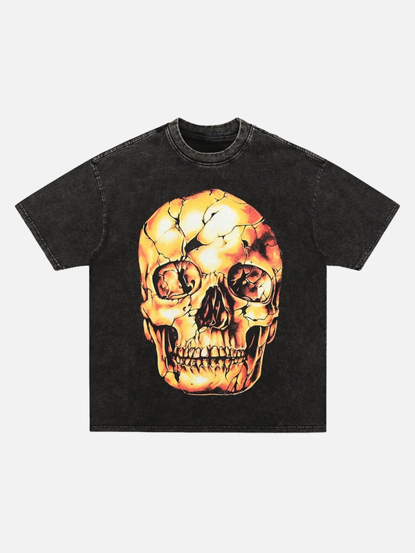 Majesda® - Washed And Distressed Retro Dark Gold Skull T-shirt- Outfit Ideas - Streetwear Fashion - majesda.com