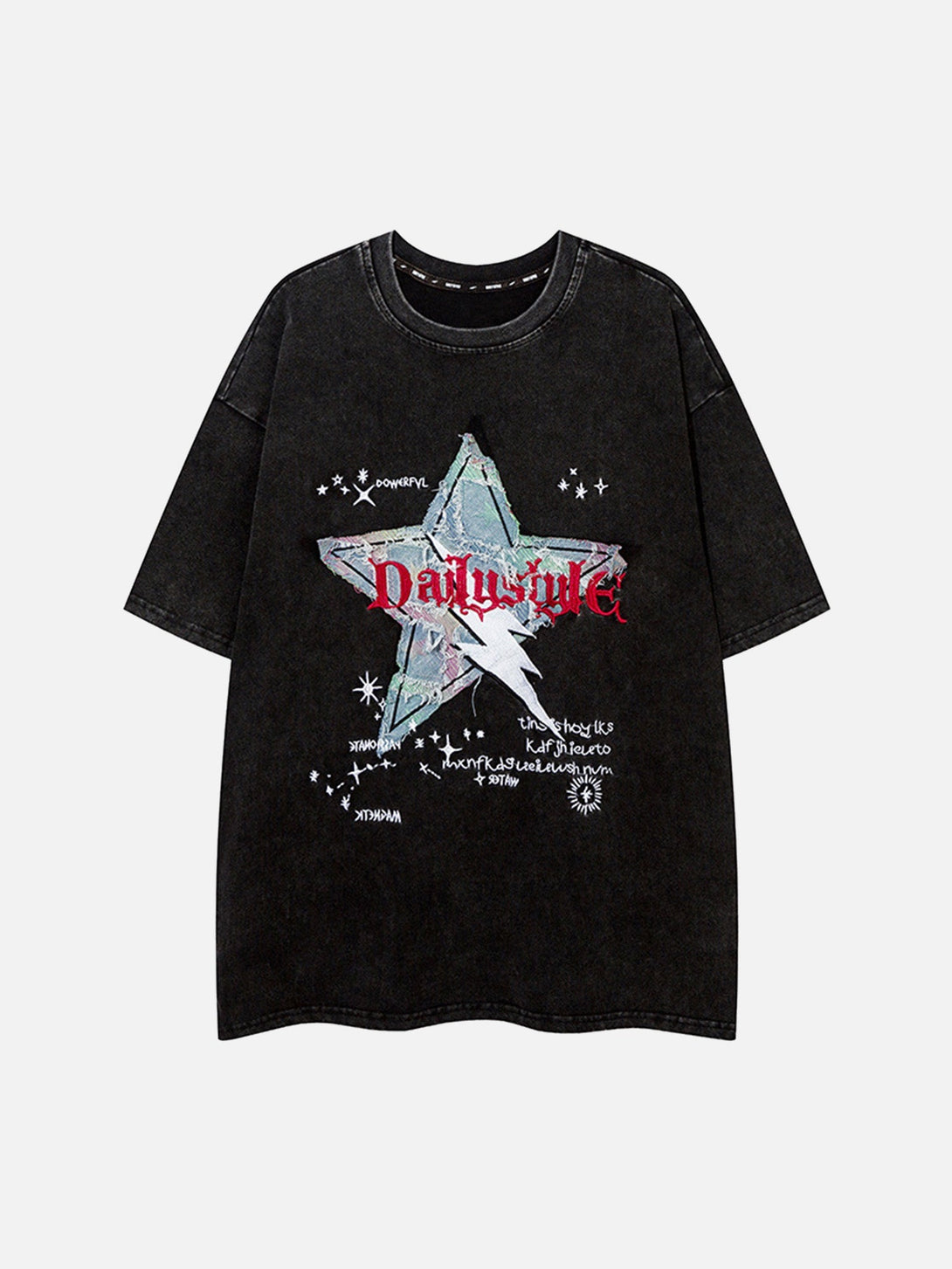 Majesda® - Washed Distressed Denim Patch Embroidered Star T-shirt- Outfit Ideas - Streetwear Fashion - majesda.com