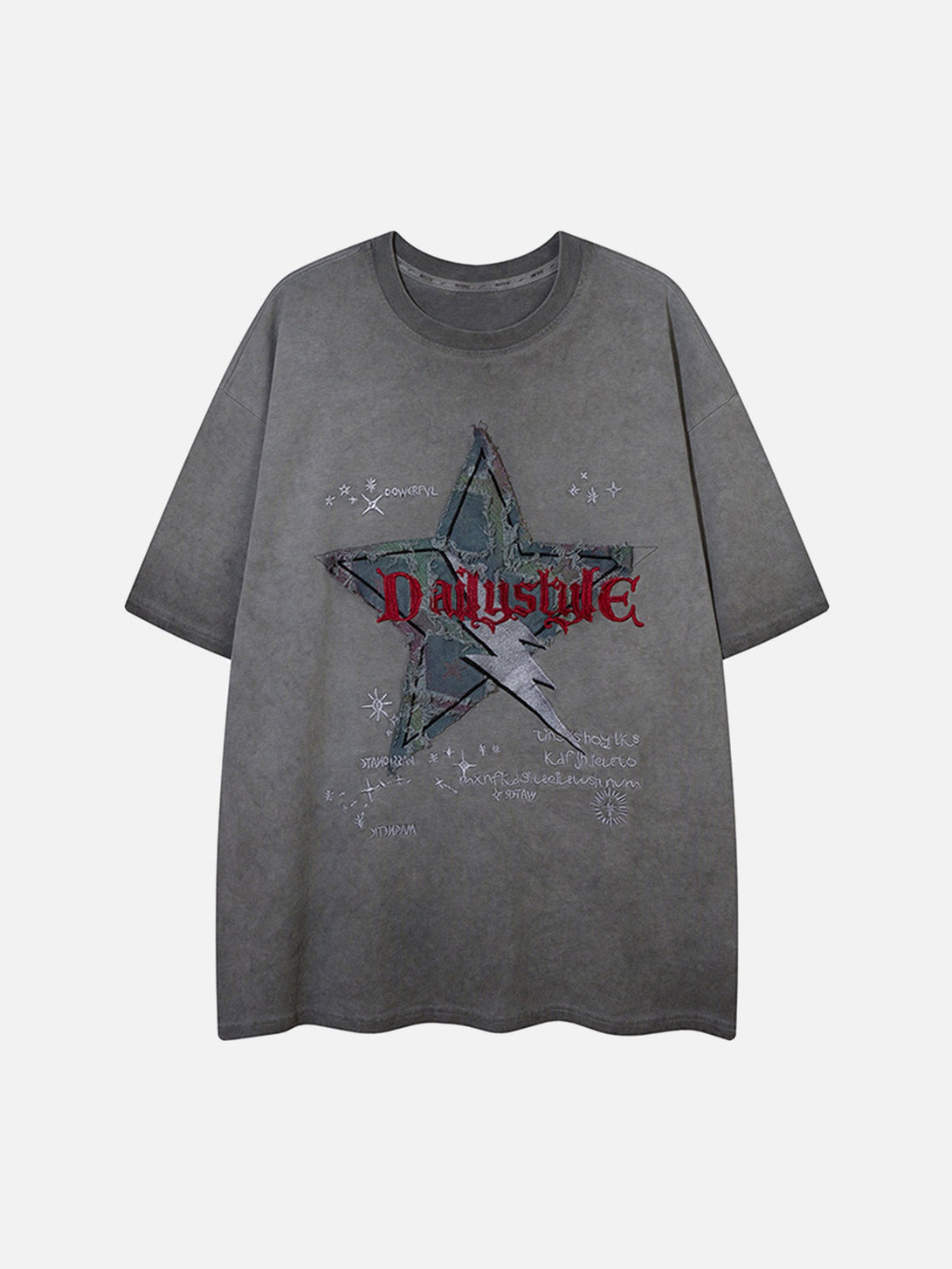 Majesda® - Washed Distressed Denim Patch Embroidered Star T-shirt- Outfit Ideas - Streetwear Fashion - majesda.com