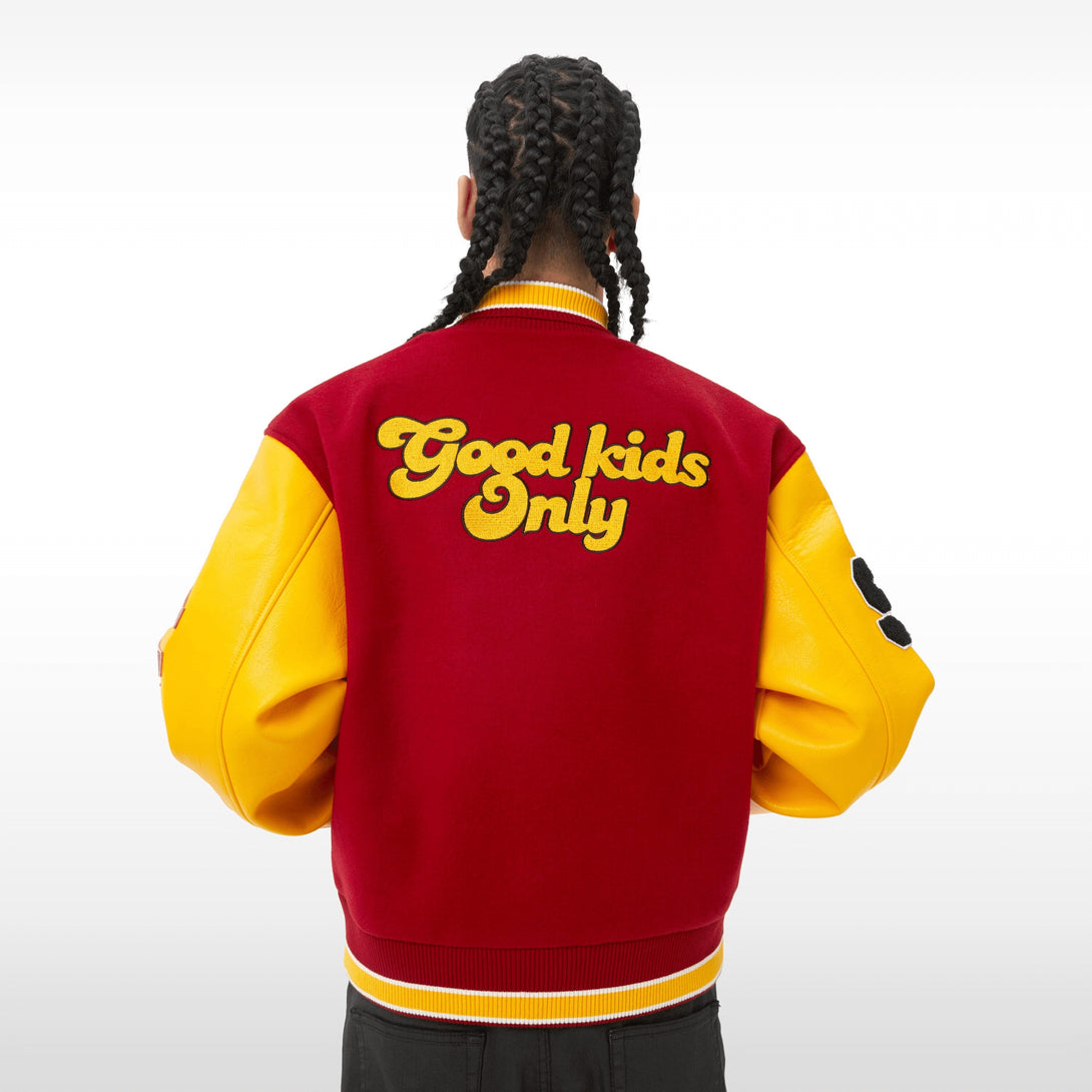 Majesda® - AFGK Red Varsity Jacket outfit ideas, streetwear fashion - majesda.com