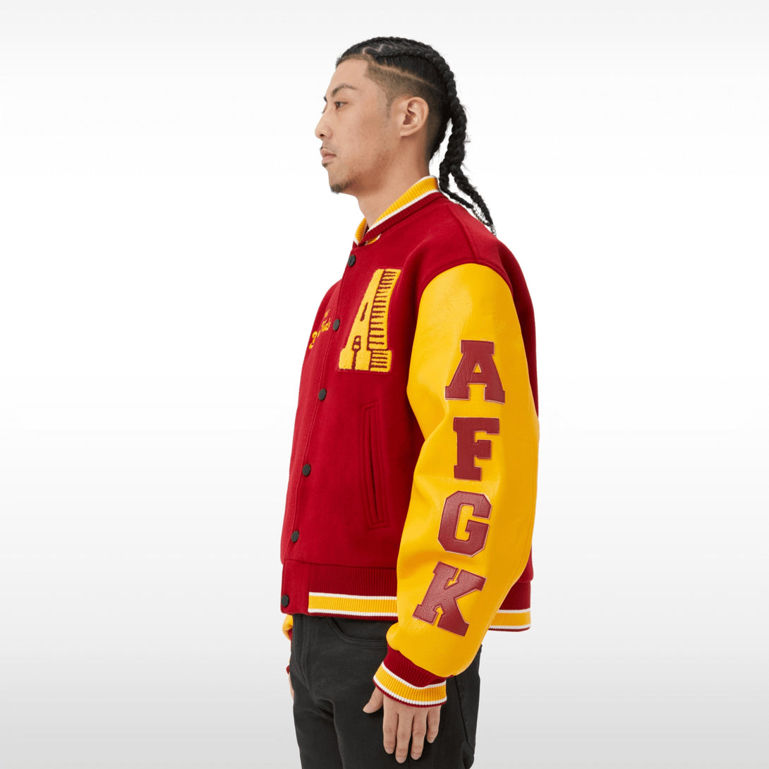 Majesda® - AFGK Red Varsity Jacket outfit ideas, streetwear fashion - majesda.com