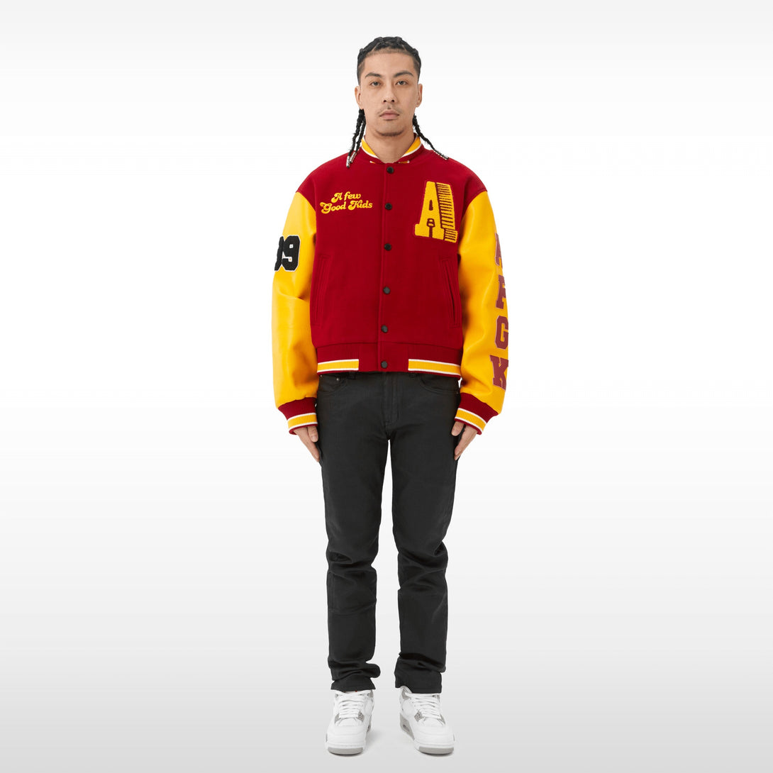 Majesda® - AFGK Red Varsity Jacket outfit ideas, streetwear fashion - majesda.com