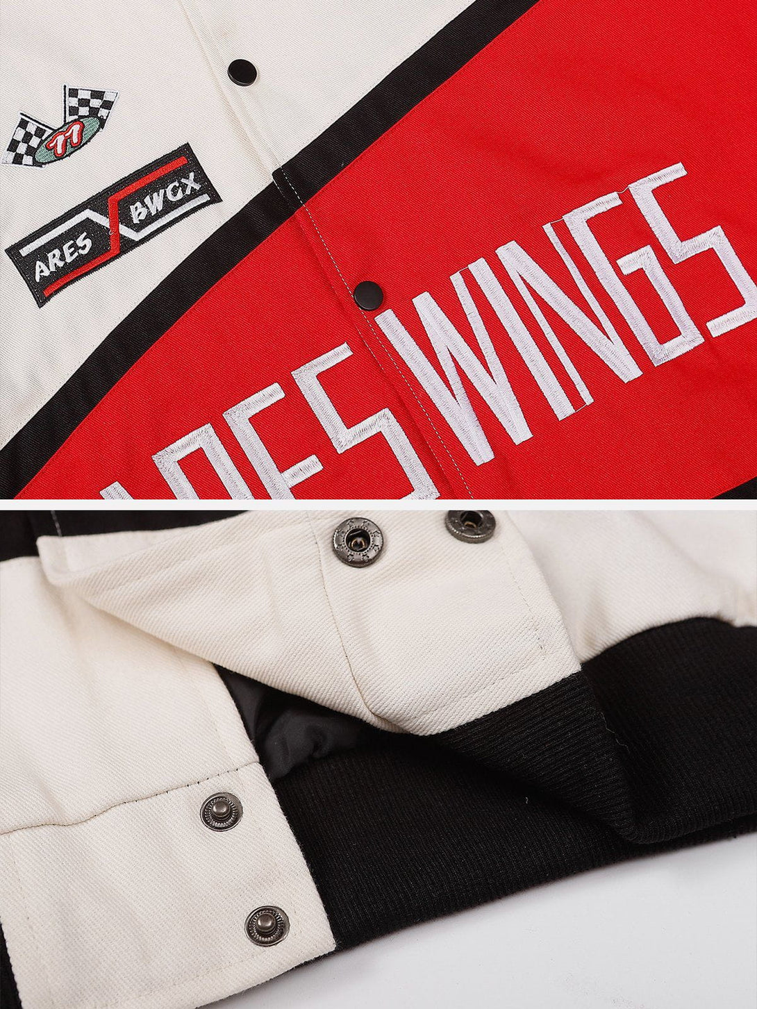 Majesda® - "ARES WINGS" Patchwork Racing Jacket outfit ideas, streetwear fashion - majesda.com