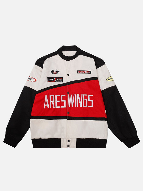 Majesda® - "ARES WINGS" Patchwork Racing Jacket outfit ideas, streetwear fashion - majesda.com