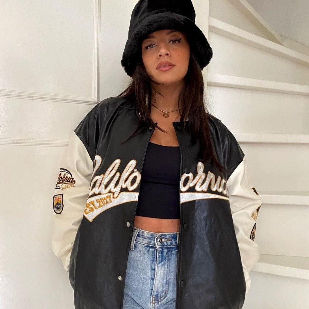 Majesda® - "California" PU Stitching Varsity Jacket outfit ideas, streetwear fashion - majesda.com