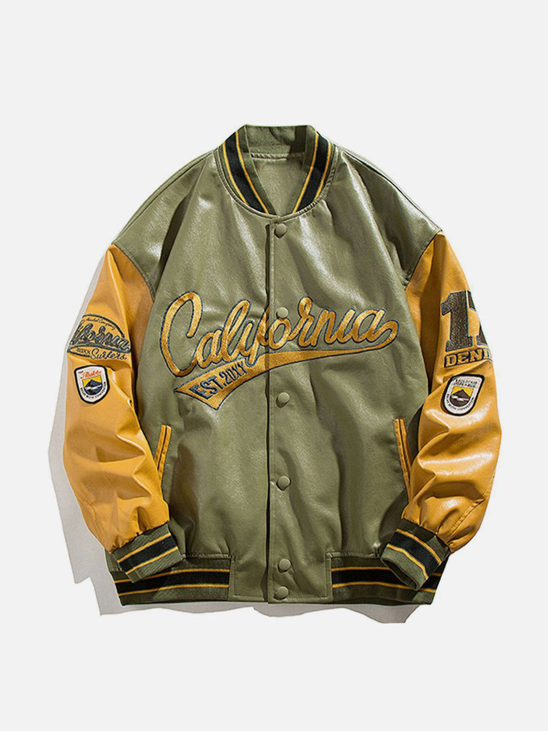 Majesda® - "California" PU Stitching Varsity Jacket outfit ideas, streetwear fashion - majesda.com