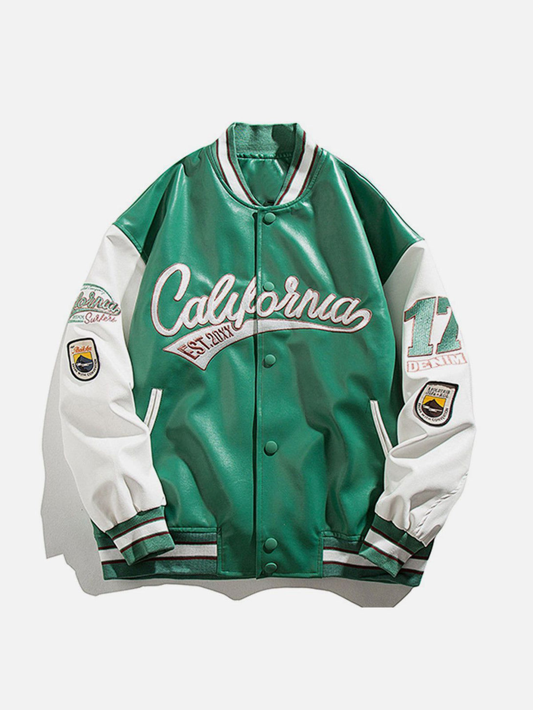 Majesda® - "California" PU Stitching Varsity Jacket outfit ideas, streetwear fashion - majesda.com