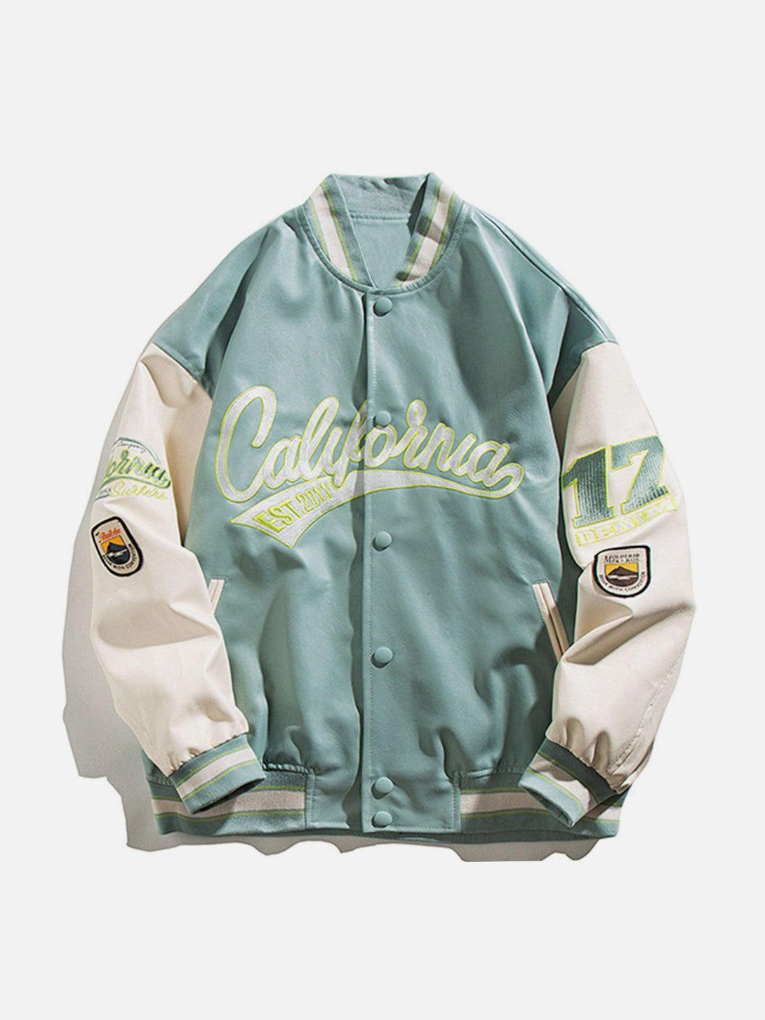 Majesda® - "California" PU Stitching Varsity Jacket outfit ideas, streetwear fashion - majesda.com