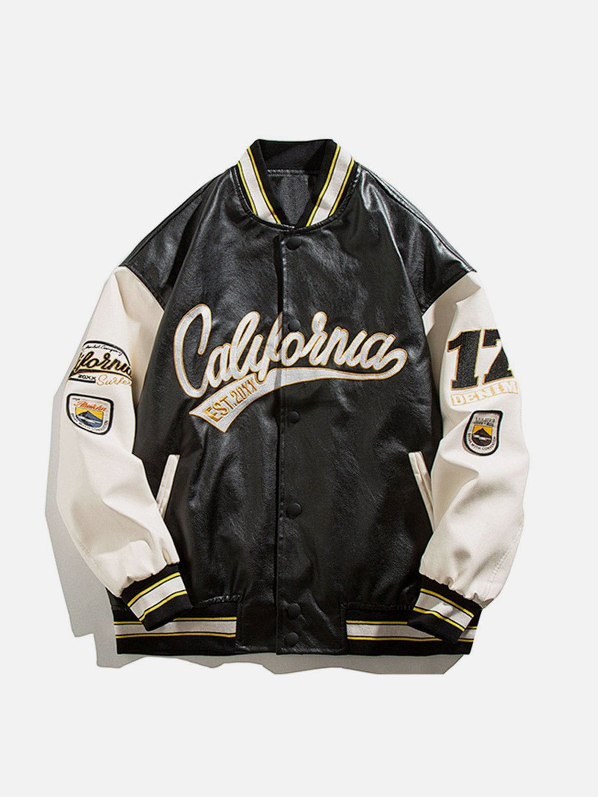 Majesda® - "California" PU Stitching Varsity Jacket outfit ideas, streetwear fashion - majesda.com
