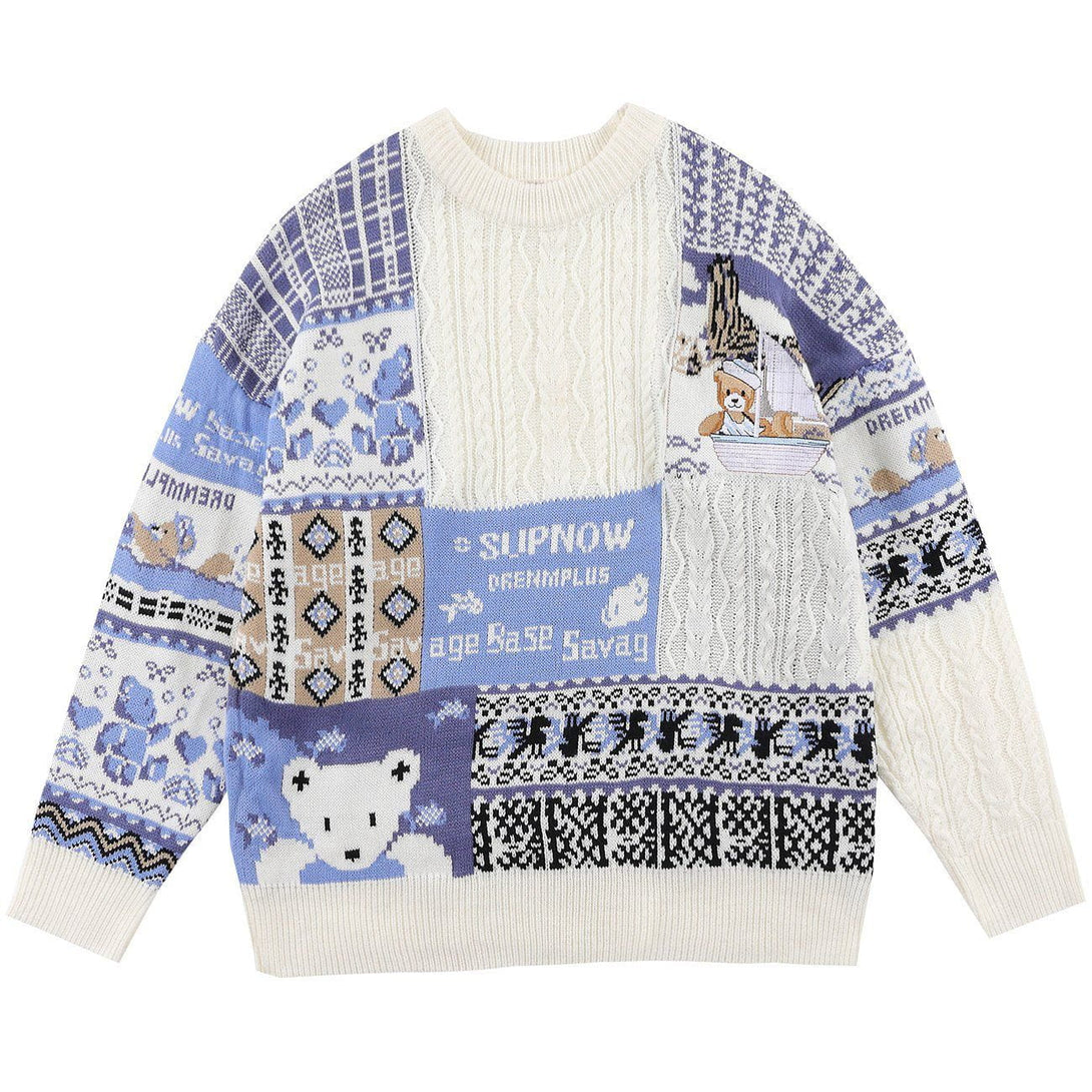 Majesda® - Color Block Plaid Bear Knit Sweater outfit ideas streetwear fashion
