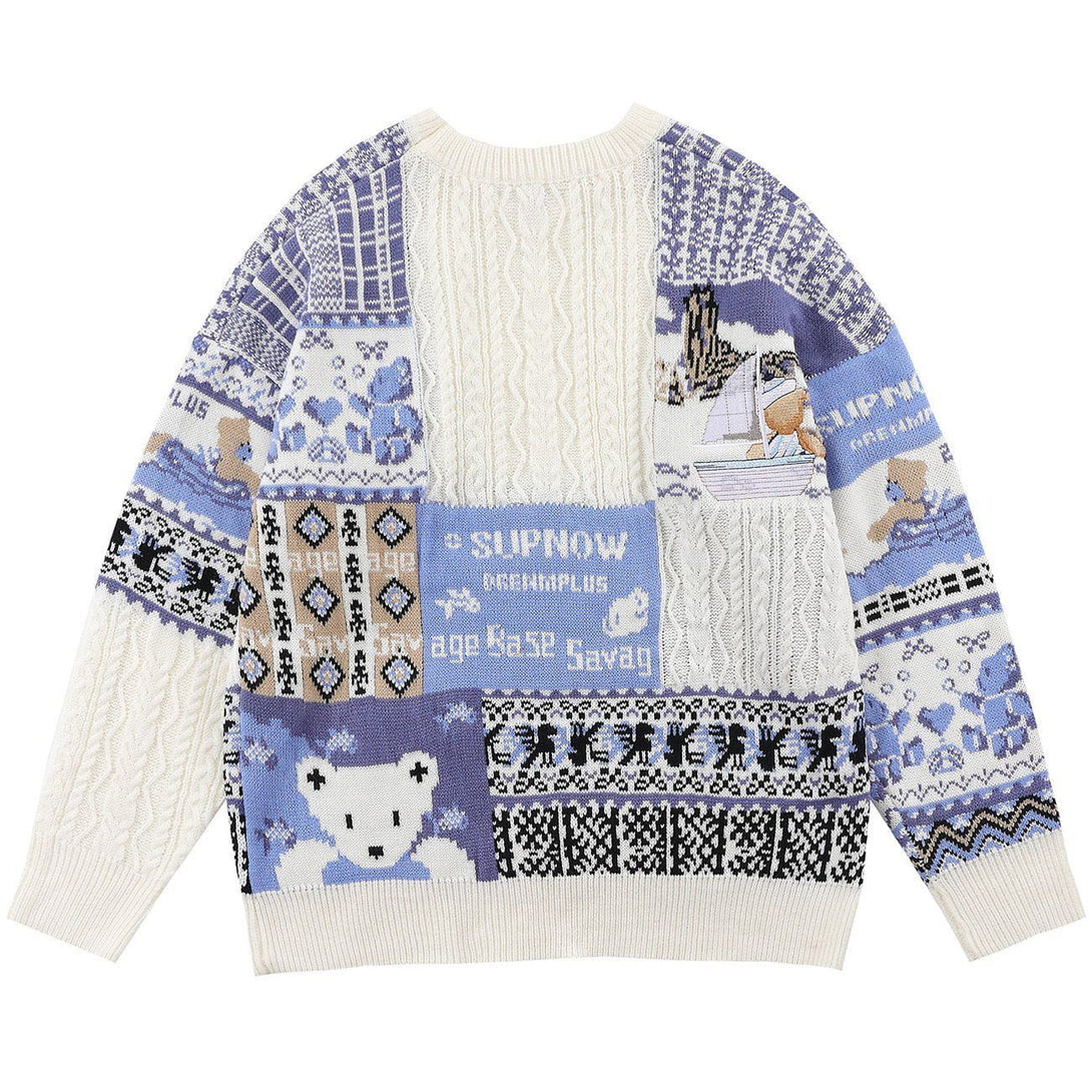 Majesda® - Color Block Plaid Bear Knit Sweater outfit ideas streetwear fashion