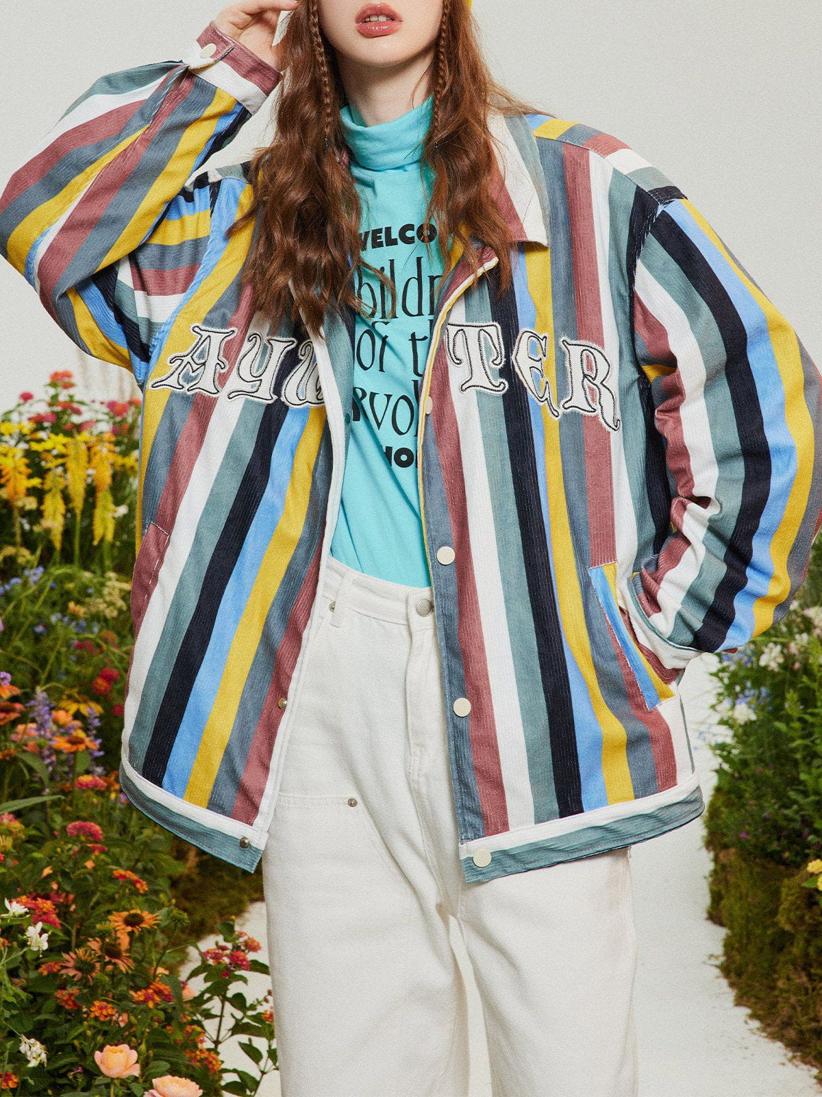 Majesda® - Colorful Vertical Stripes Corduroy Jacket outfit ideas, streetwear fashion - majesda.com