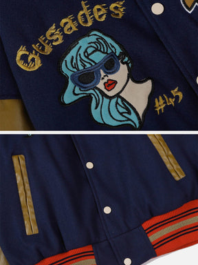 Majesda® - Comic Girl Embroidery PU Varsity Jacket outfit ideas, streetwear fashion - majesda.com