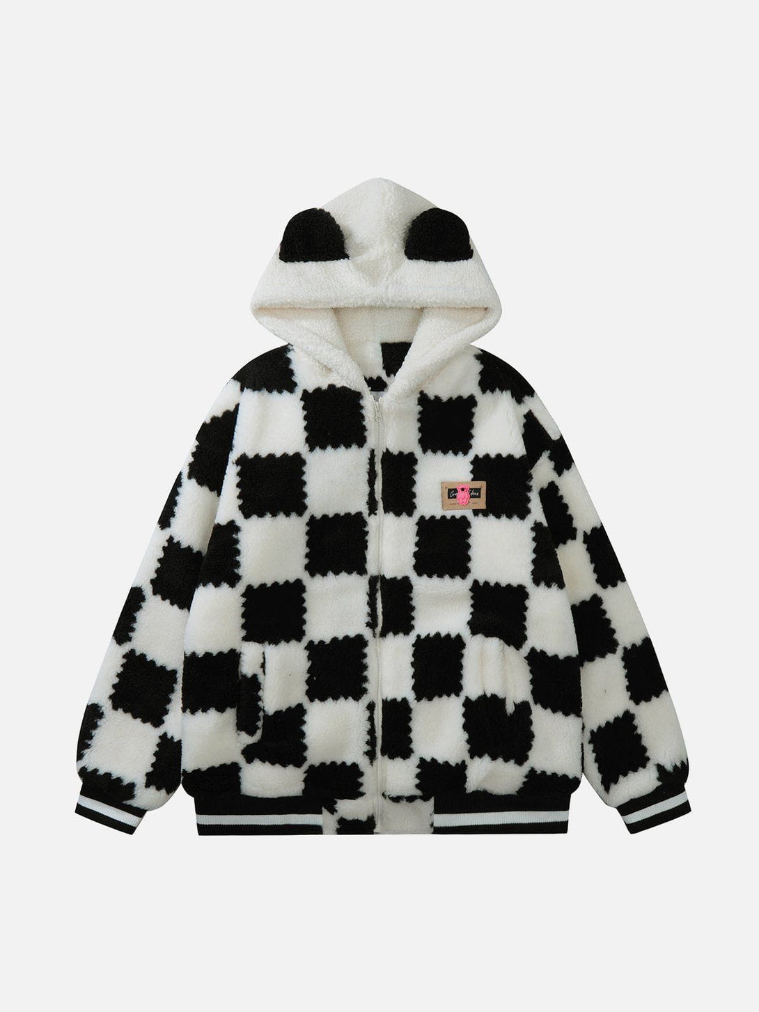 Majesda® - Contrast Check Hood Sherpa Coat outfit ideas streetwear fashion