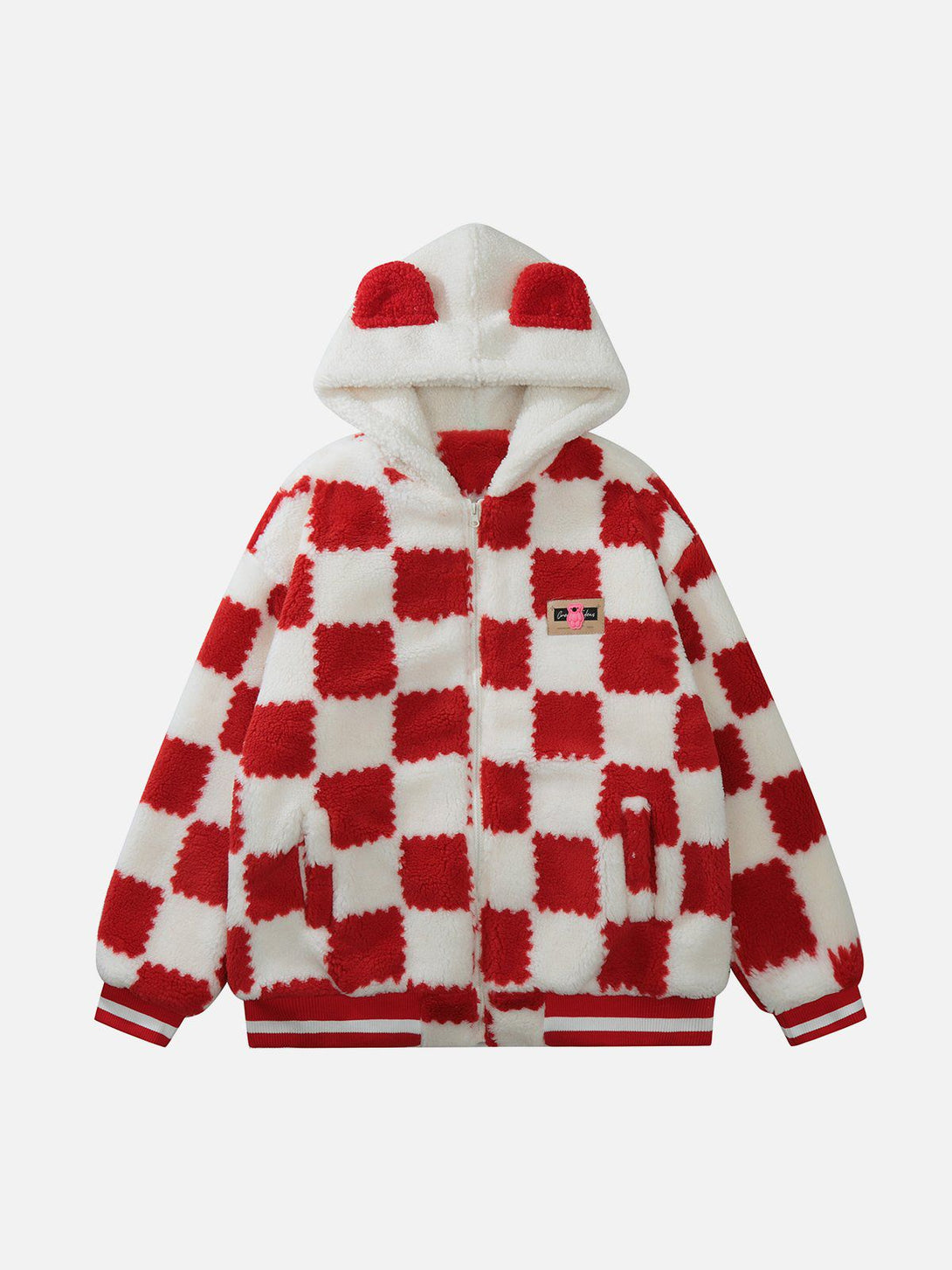 Majesda® - Contrast Check Hood Sherpa Coat outfit ideas streetwear fashion