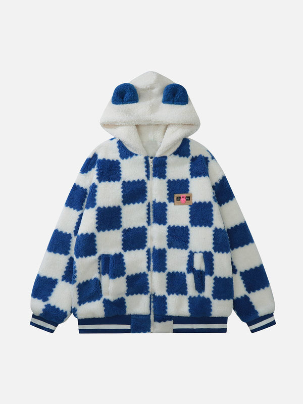 Majesda® - Contrast Check Hood Sherpa Coat outfit ideas streetwear fashion