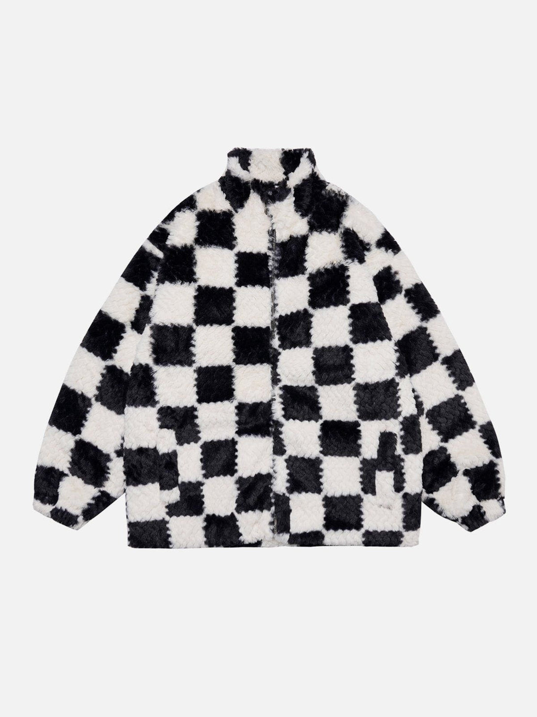 Majesda® - Contrast Checkerboard Sherpa Coat outfit ideas streetwear fashion