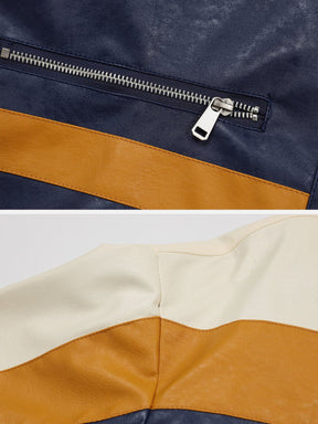 Majesda® - Contrast Splicing Leather Jacket outfit ideas, streetwear fashion - majesda.com