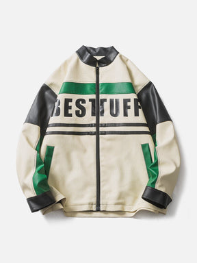 Majesda® - Contrast Splicing Stand Collar Leather Jacket outfit ideas, streetwear fashion - majesda.com