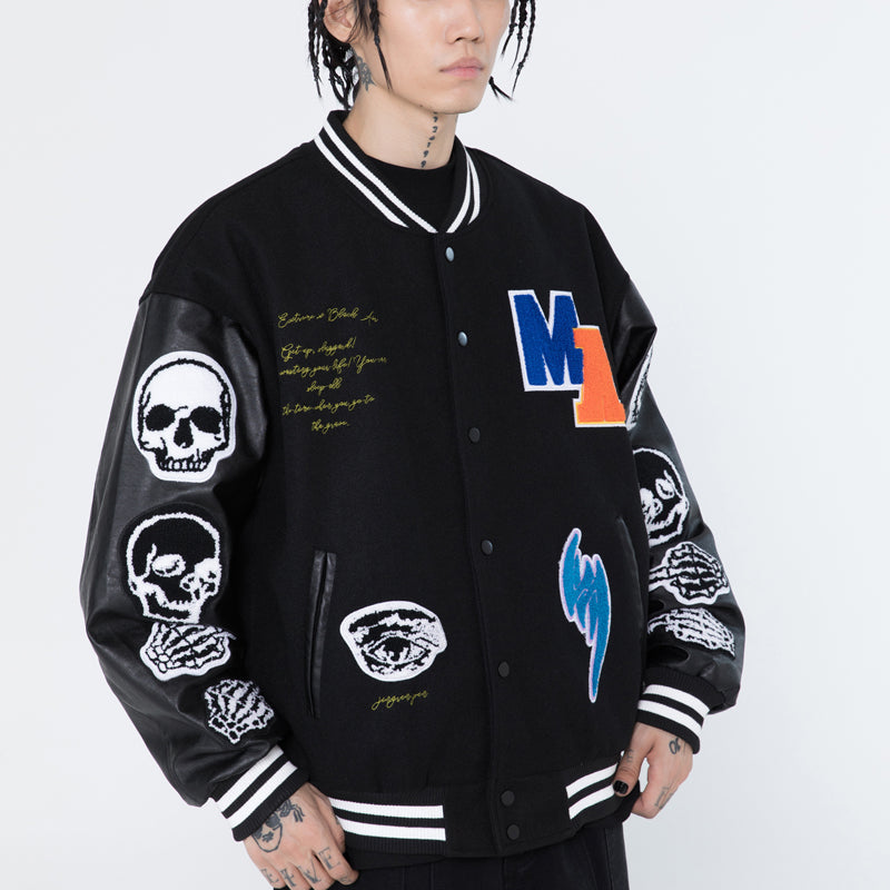 Majesda® - Cool Punk Baseball Jacket Flocking Skull outfit ideas, streetwear fashion - majesda.com