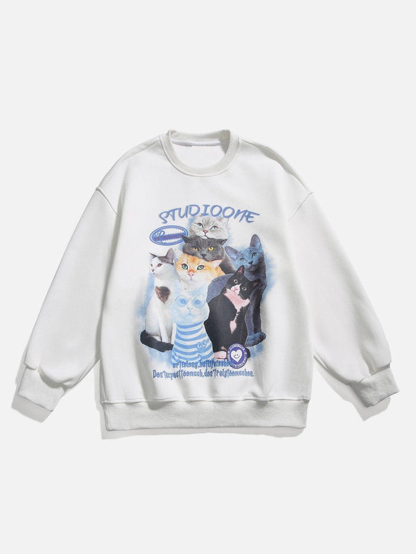 Majesda® - Cute Cat Print Sweatshirt outfit ideas streetwear fashion