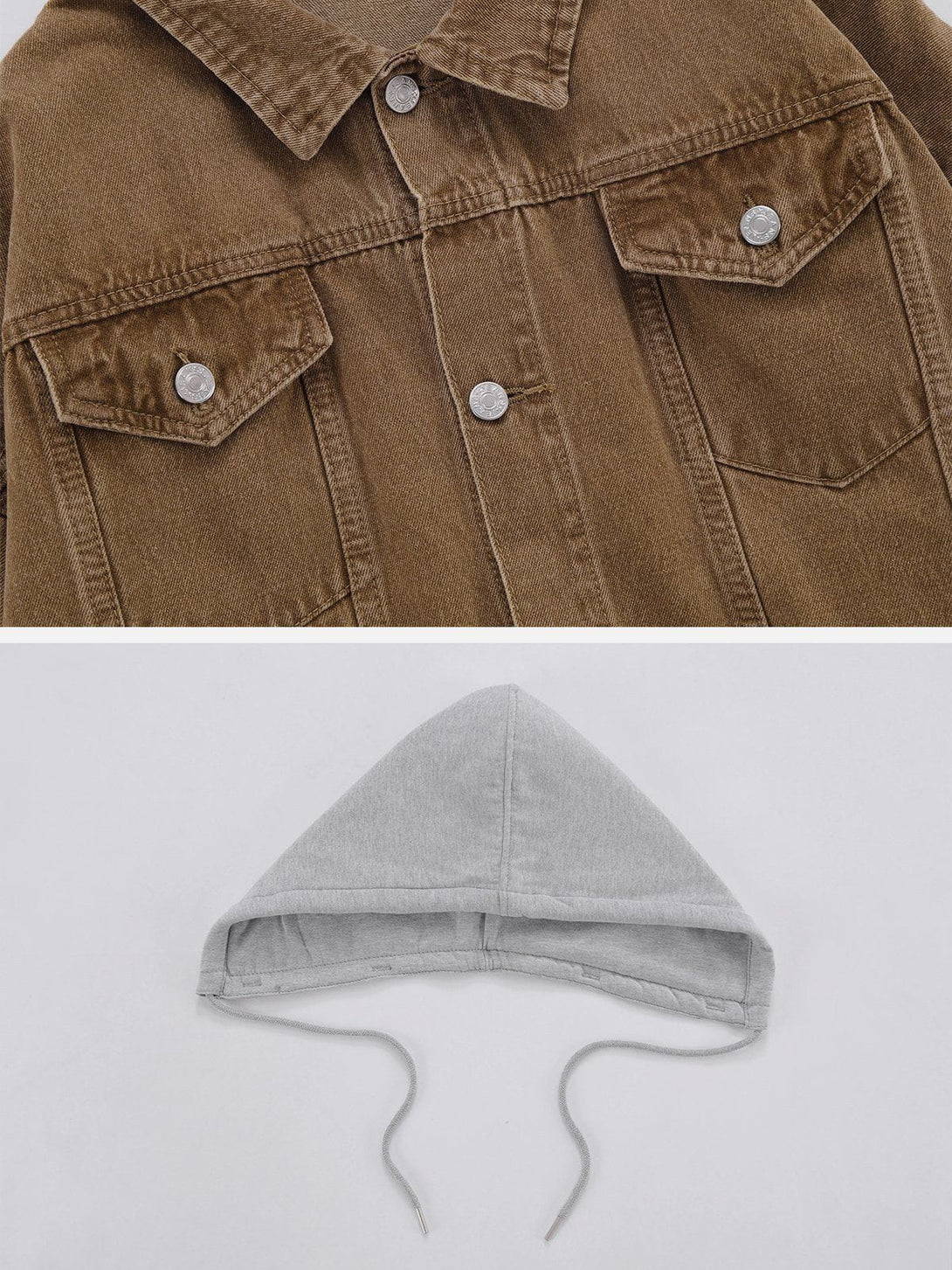 Majesda® - Detachable Hood Solid Denim Jacket outfit ideas, streetwear fashion - majesda.com