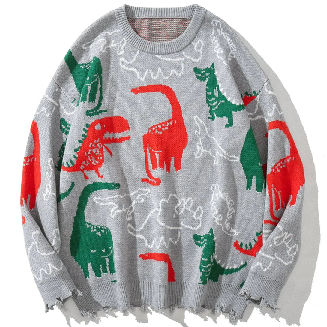 Majesda® - Dinosaur Silhouette Pattern Knit Sweater outfit ideas streetwear fashion