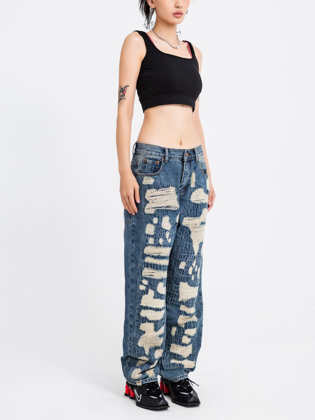 Majesda® - Distressed Stitched Patched Jeans outfit ideas streetwear fashion