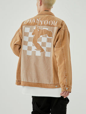 Majesda® - Embroidered Checkerboard Denim Jacket outfit ideas, streetwear fashion - majesda.com