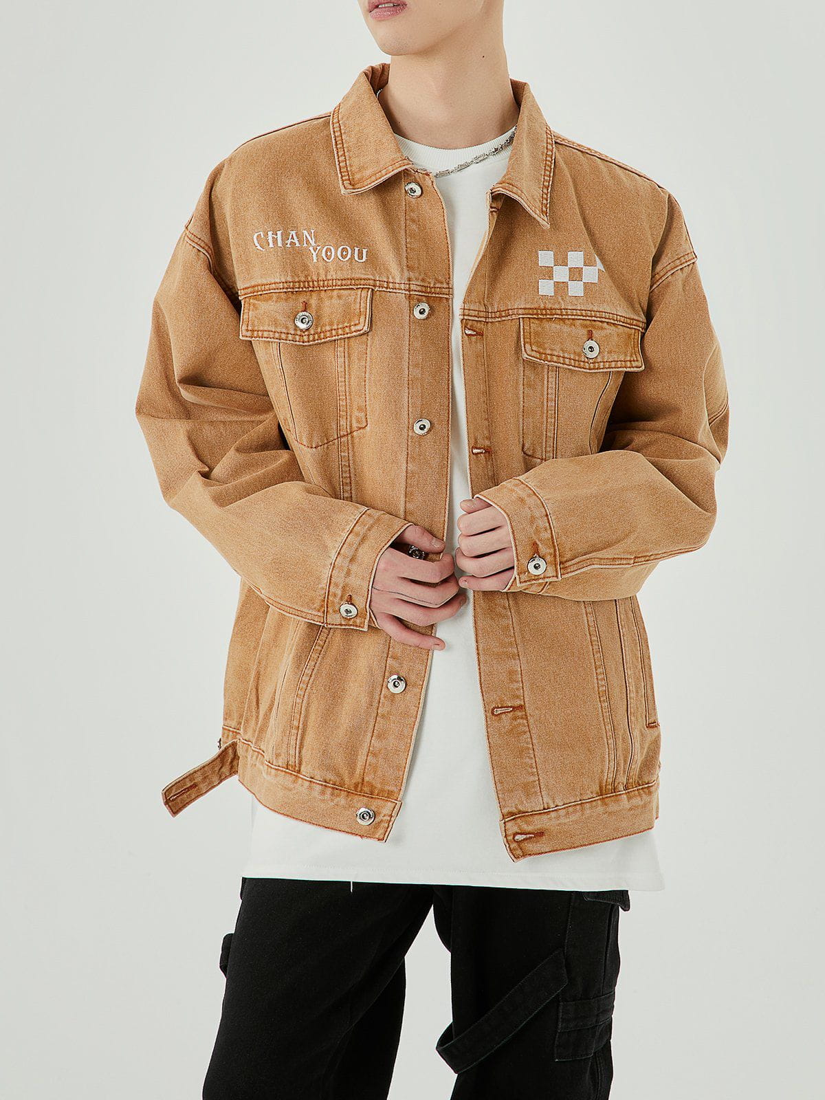 Majesda® - Embroidered Checkerboard Denim Jacket outfit ideas, streetwear fashion - majesda.com